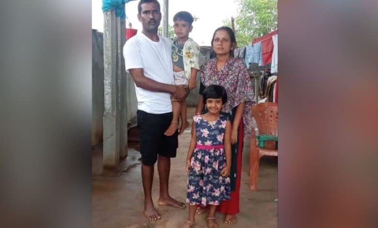 The image shows Talari Bhaskar and his family. He, along with two others from his village were rescued from a criminal case in Malaysia.
