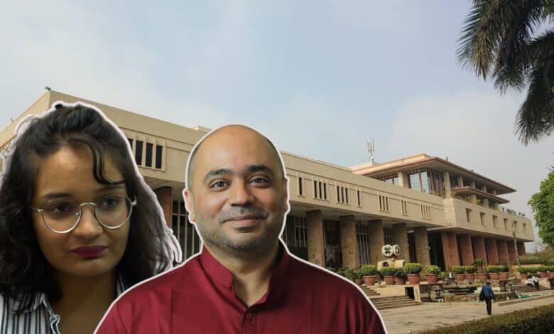 The image displays the Delhi HC in the background and Newslaundry journalist Manisha Pandey and internet persona Abhijit Iyer Mitra in the foreground