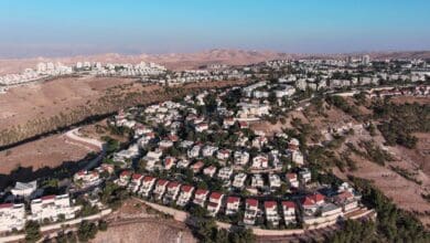 The image displays ac picture of Israeli settlements in the occupied West Bank