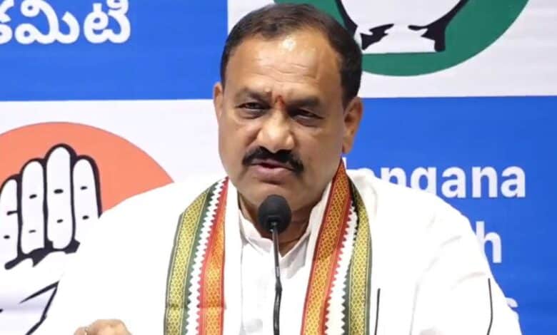 Telangana Pradesh Congress Committee President Mahesh Kumar Goud addresses a press conference