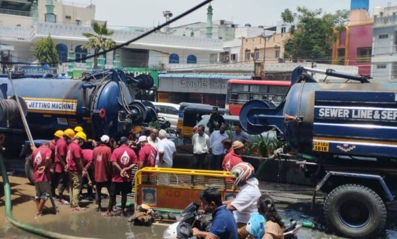 HYDRAA and GHMC commissioners inspect rainwater and sewage stagnation point in Malakpet on Saturday, May 31, 2025.