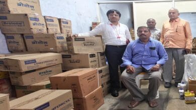 DCA officials pose with seized medicines in Warangal, Telangana