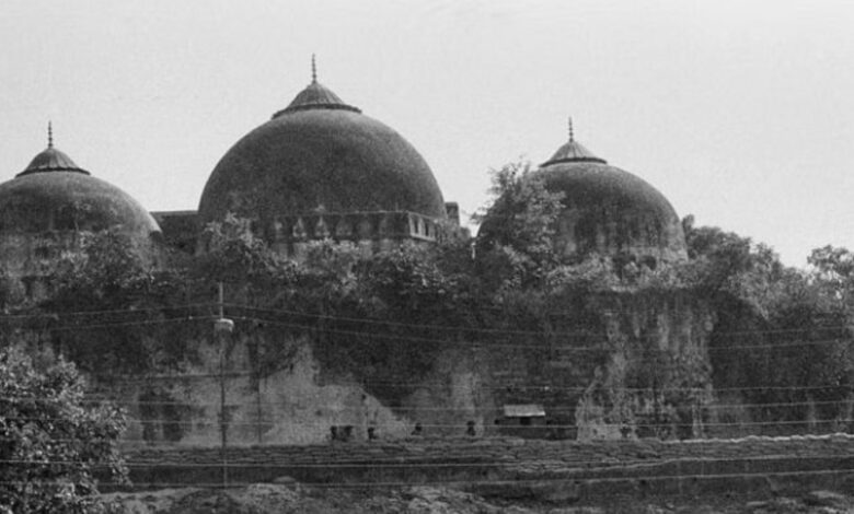 A 1990 file photo of the Babri Masjid in Ayodhya, showing the mosque’s main structure with its three domes. Image courtesy: PTI