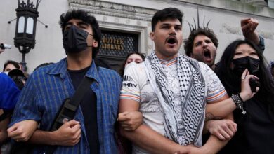 Students link arms during a pro-Palestinian protest outside Butler Library at Columbia University in New York, May 7.