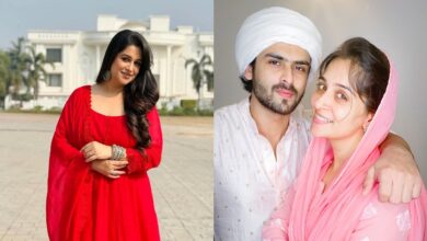 Two pictures of a woman in a red dress and a man in a white turban