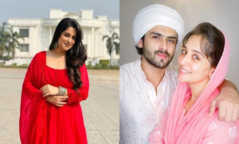 Two pictures of a woman in a red dress and a man in a white turban