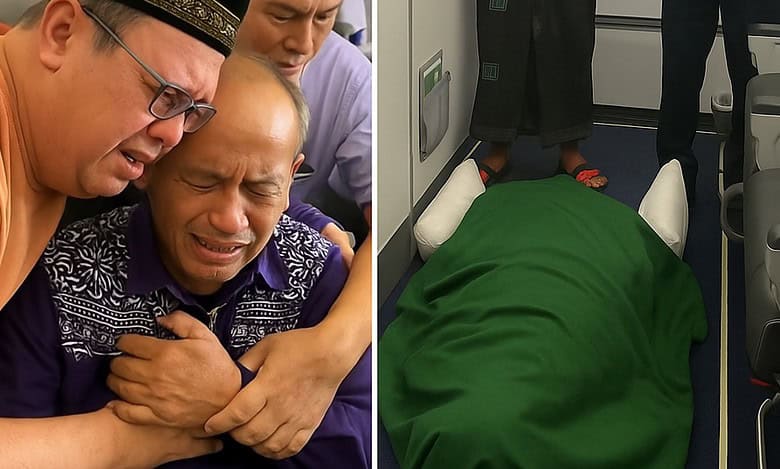 A grieving Indonesian man is consoled aboard a Saudi Arabian Airlines flight after his wife, a Haj pilgrim, died unexpectedly en route to Madinah. The deceased is respectfully covered in a green cloth and laid on the aircraft floor near the exit. Two men, including one in official uniform, stand in mourning.
