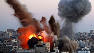 A massive explosion erupts in Gaza City as smoke and flames rise following an Israeli airstrike.