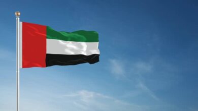 The national flag of the United Arab Emirates (UAE) waving against a clear blue sky, symbolising unity and national pride.