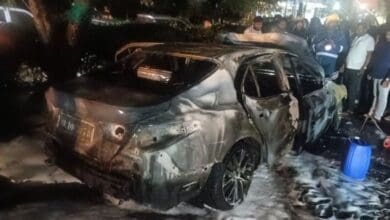 The image shows a hybrid car which caught fire in Gachibowli on Monday, June 2, 2025.