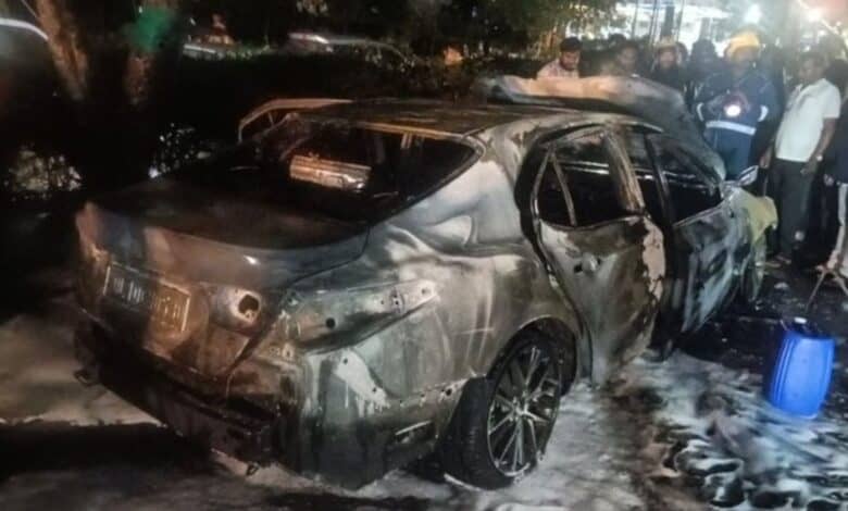 The image shows a hybrid car which caught fire in Gachibowli on Monday, June 2, 2025.