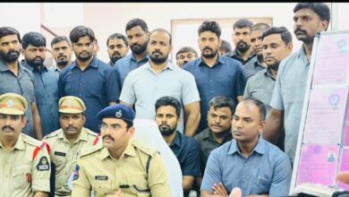 Image shows Hyderabad police during a press meet on the arrest of 4 individuals for duping the public with 2BHK flat promises.
