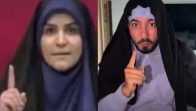 Side-by-side image showing Iranian news anchor Sahar Emami (left) wearing a dark headscarf and speaking seriously with her index finger raised during a live broadcast, and an Israeli TikToker (right) mocking her by imitating her clothing and gesture in a parody video.