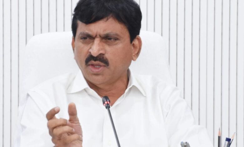 The image shows Telangana revenue minister Ponguleti Srinivasa Reddy holding high-level meeting on flood loss mitigation at the secretariat on Thursday, June 12, 2025.