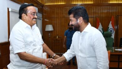 The image shows Telangana CM A Revanth Reddy meeting Union Jal Shakti minister CR Patil in New Delhi on Thursday, June 19, 2025.