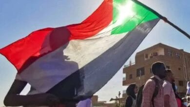 A group of people in Sudan walk under a large waving Sudanese flag, with sunlight shining through its green, white, black, and red colours. A brick building is visible in the background under a clear blue sky.