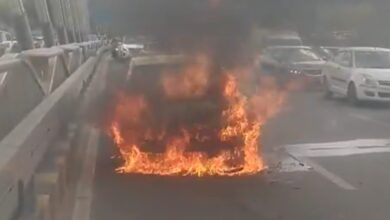 Image shows car engulfed in flames on June 6 at Durgam Cheruvu Cable Bridge.