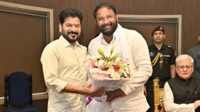 Image of Telangana CM Revanth Reddy with G Vivek Venkata Swamy during cabinet swearing-in ceremony on June 8.