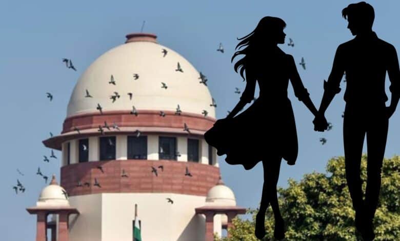 The image contains Supreme Court of India in the background and lovers in the foreground