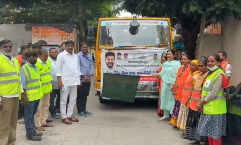 The image displays a picture of Deputy mayor of Greater Hyderabad flagging off pre-monsoon special sanitation vehicles