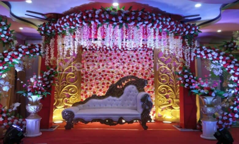 The image displays a picture of a marriage hall