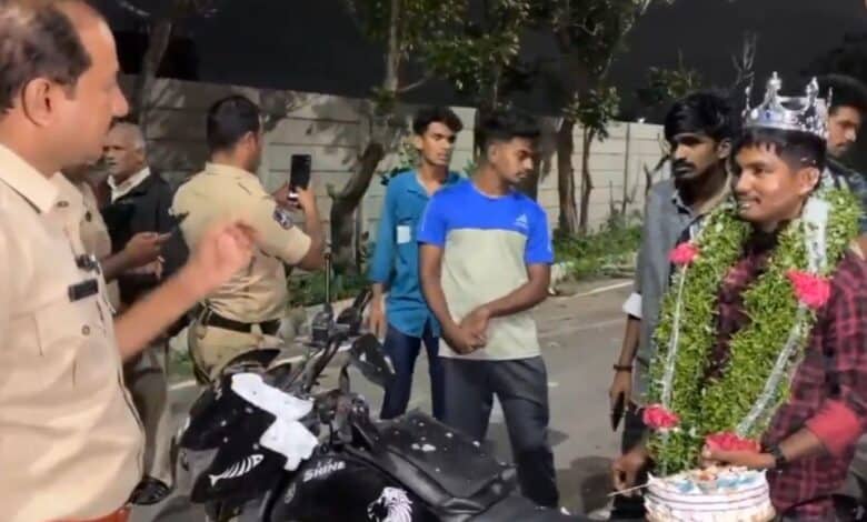 The image displays a picture of Uppal police officer taking class of a birthday boy wearing a crown