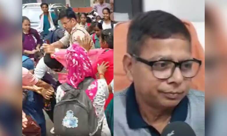 The image displays two pictures - On the left is a a mob beating a man and on the right is the Aligarh assistant professor