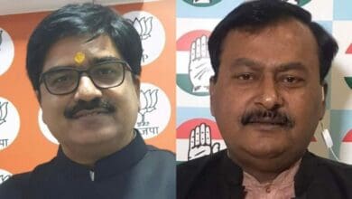 The image displays two pictures. On the left is BJP national spokesperson Prem Shukla and on the right is Congress leader Surendra Singh Rajput