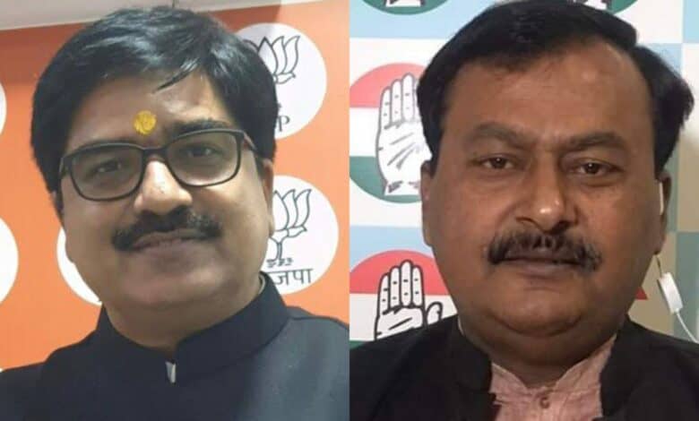 The image displays two pictures. On the left is BJP national spokesperson Prem Shukla and on the right is Congress leader Surendra Singh Rajput