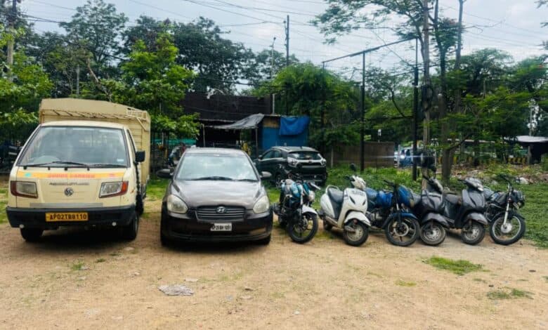 The image displays a picture of seized vehicles in Hyderabad