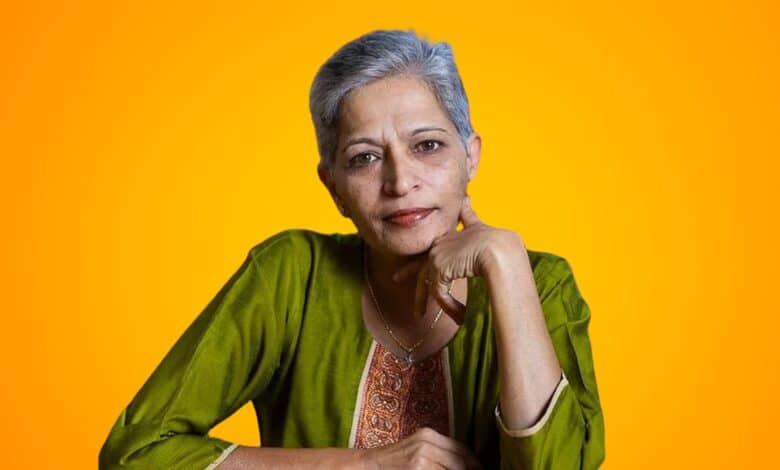 The image displays a picture of Kannada journalist Gauri Lankesh who was murdered in 2017