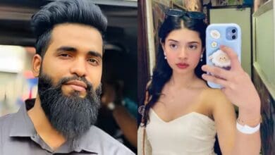 The image displays two pictures- on the left is Wajahat Khan and on the right is social media influencer Sharmishta Panoli