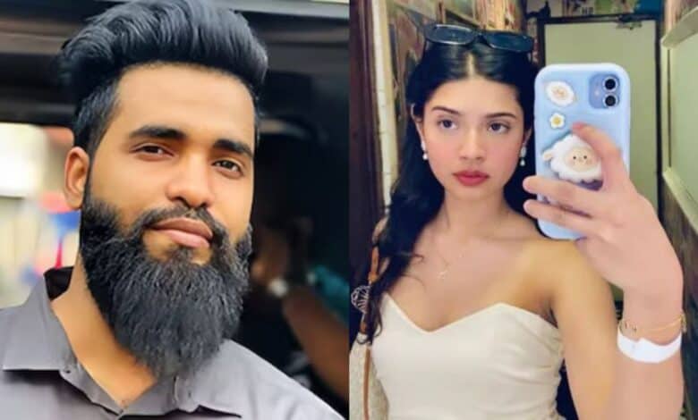 The image displays two pictures- on the left is Wajahat Khan and on the right is social media influencer Sharmishta Panoli