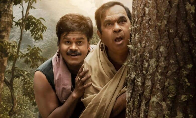 The image displays a poster of Vishnu Manchu's new film, Kannapa. The poster features comedian Saptagiri and another that introduces comic character, ‘Pilaka Gilaka’, played by veteran actor Brahmanandam.