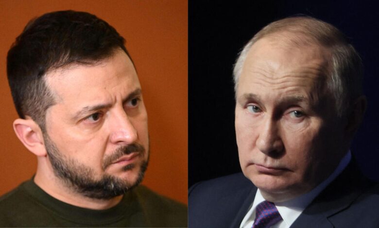 The image displays two pictures. On the left is Ukrainian President Volodymyr Zelenskyy and on the right is Russian President Vladimir Putin