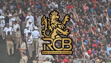 The image displays a picture of Bengaluru stampede in the background and RCB logo in the foreground