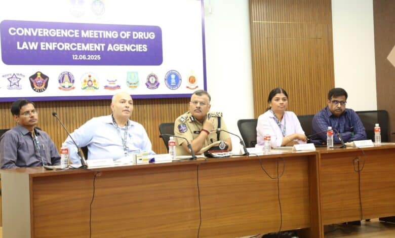 Telangana DGP Jitendra and TGANB director Sandeep Shandilya with other officials at the convergence meeting