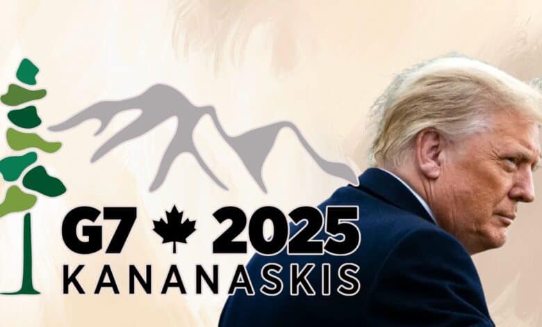 The image shows a light background with G7-2025 logo and President Trump in the foreground