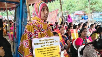 Domestic workers at Dharna Chowk on Monday