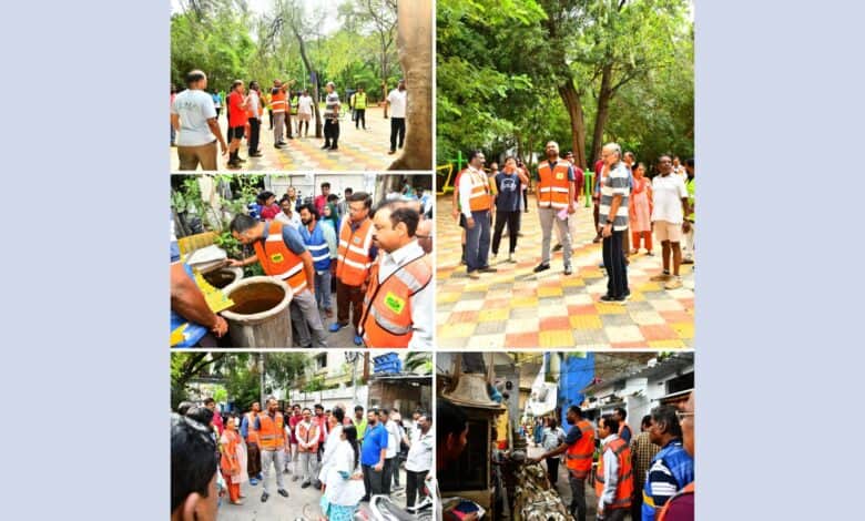 GHMC Commissioner RV Karnan interacting with walkers at Indira Park on Friday