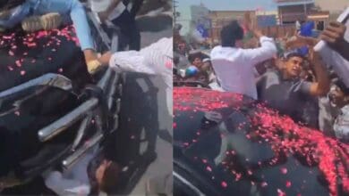 On the left a man comes under former Andhra CM Jagan Mohan Reddy convoy. On the right, an unaware Reddy is seen waving at his supporters