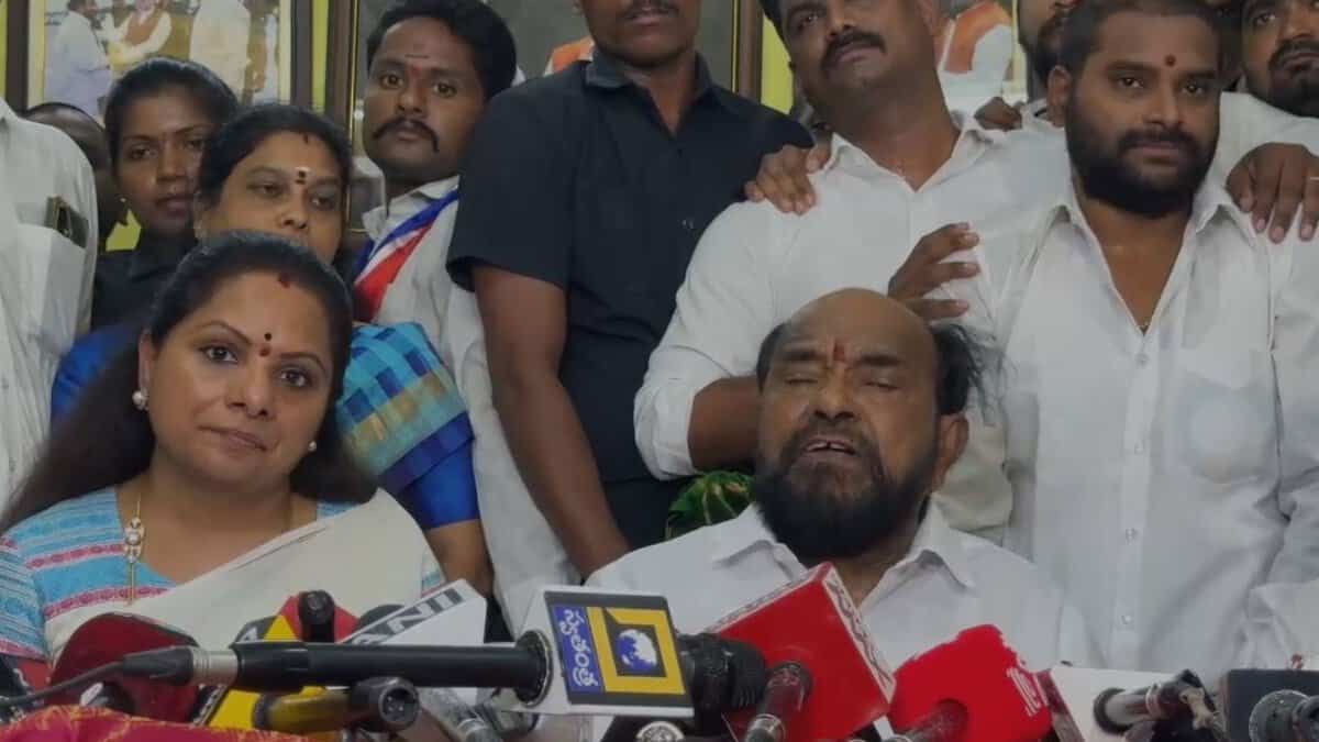 BRS MLC K Kavitha addresses a press conference