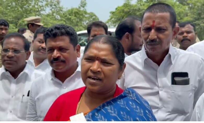 Telangana Panchayat Raj minister Seethakka speaks to the media in Mulugu