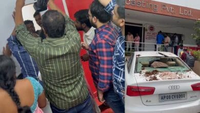 MAHAA TV workers against angry BRS workers (left) A damaged car outside the office