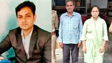image of dalit man on left and acussed father in law and wife on the right