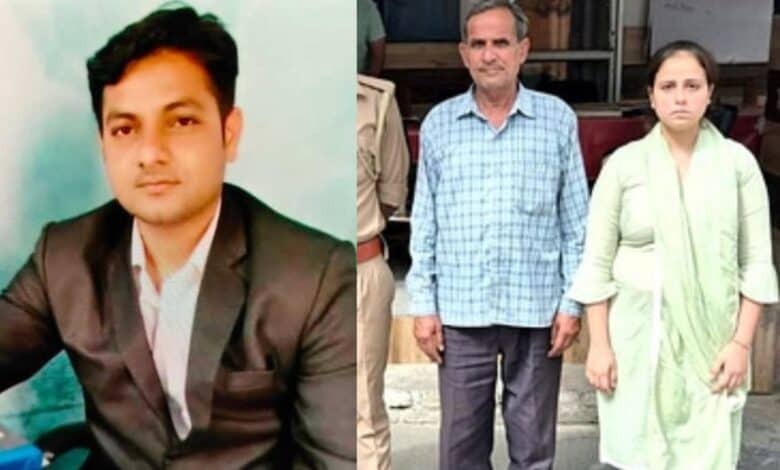 image of dalit man on left and acussed father in law and wife on the right