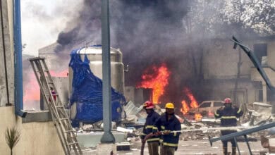 Firefighters try to extinguish a fire that broke out in a chemical factory, at Pashamylaram, Telangana, Monday, June 30, 2025. (PTI Photo)