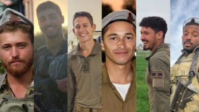 Portrait collage of six Israeli soldiers in uniform who were killed in an explosion in Khan Younis, Gaza.