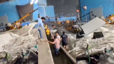 A water tank burst caused flooding on film set in Shamshabad