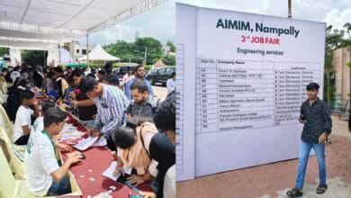 The image shows the volunteers of AIMIM Nampally, assisting the job seekers at the job fair organised at Kings Palace in Gudimalkapur on Wednesday, July 16, 2025.
